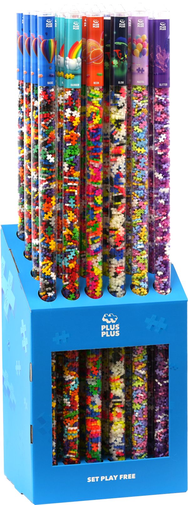 Butiksdisplay med 24 st Plus-Plus 1 m-rör, färgmix